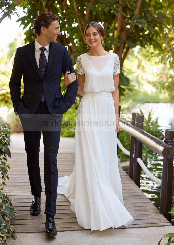 Short Sleeves Ivory Lace Chiffon Wedding Dress With Detachable Train